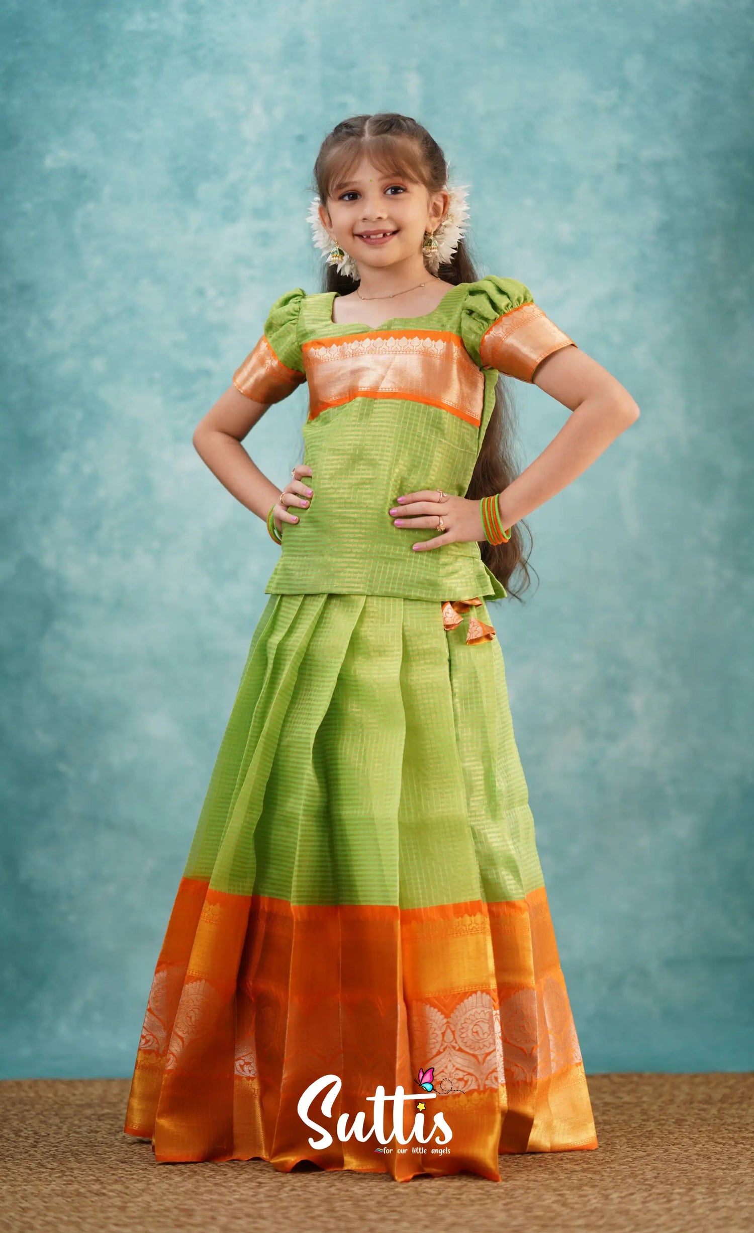 Green Shade And Orange Tone Organza Pavadai Sattai Kids-Suttis