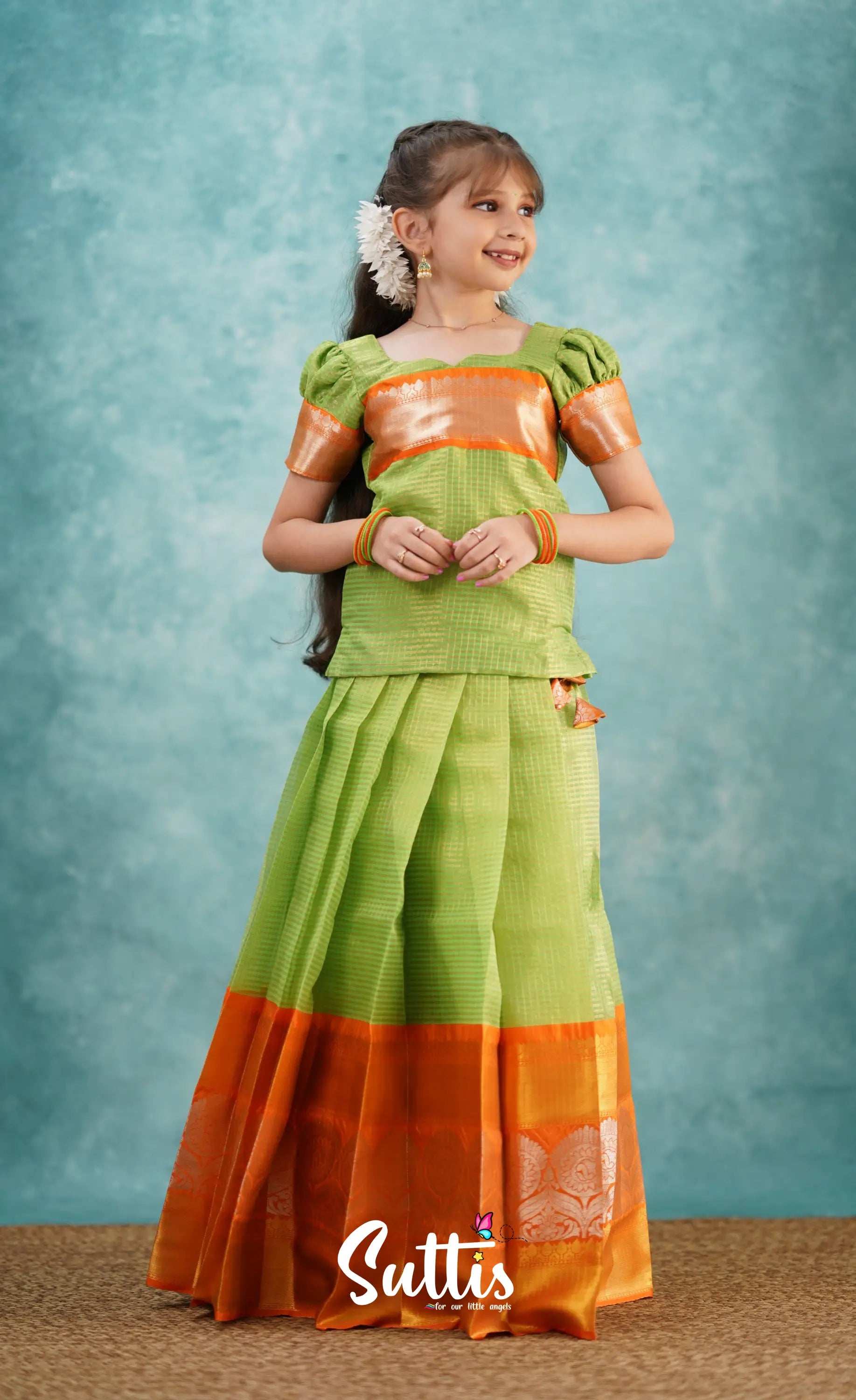 Green Shade And Orange Tone Organza Pavadai Sattai Kids-Suttis