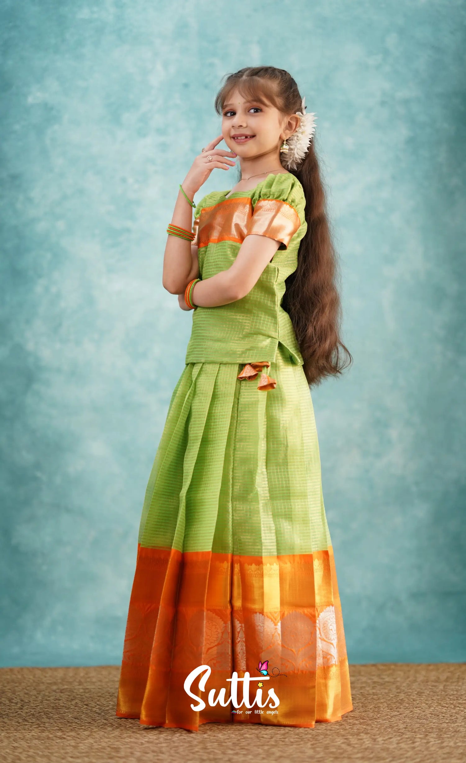 Green Shade And Orange Tone Organza Pavadai Sattai Kids-Suttis