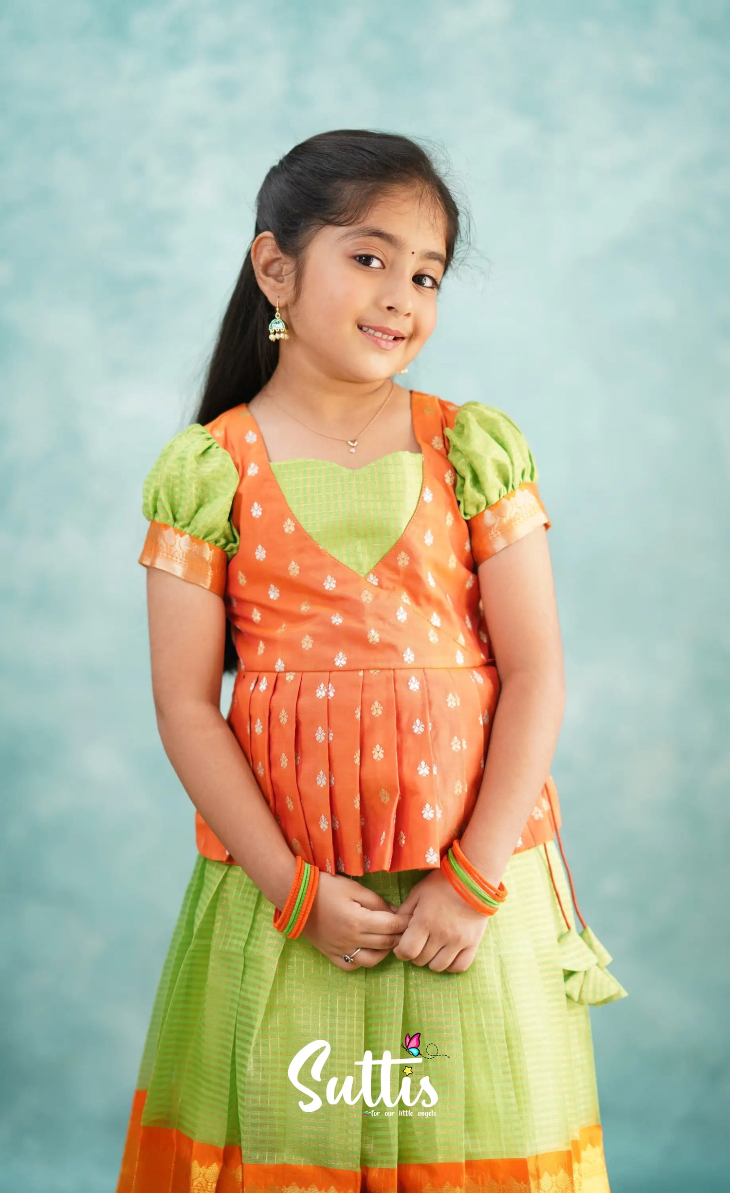 Green Shade And Orange Tone Organza Pavadai Sattai Kids-Suttis