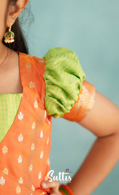 Green Shade And Orange Tone Organza Pavadai Sattai Kids-Suttis