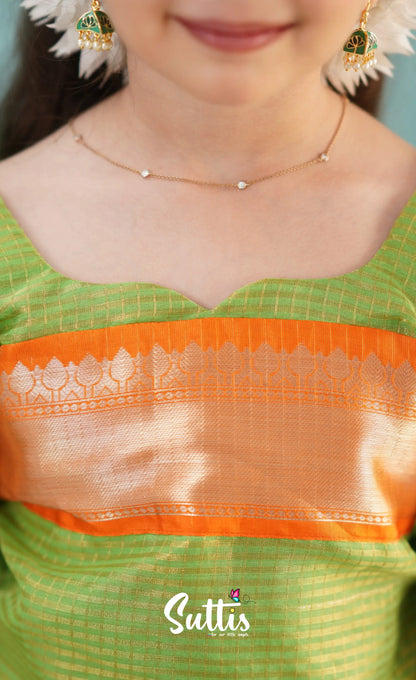 Green Shade And Orange Tone Organza Pavadai Sattai Kids-Suttis