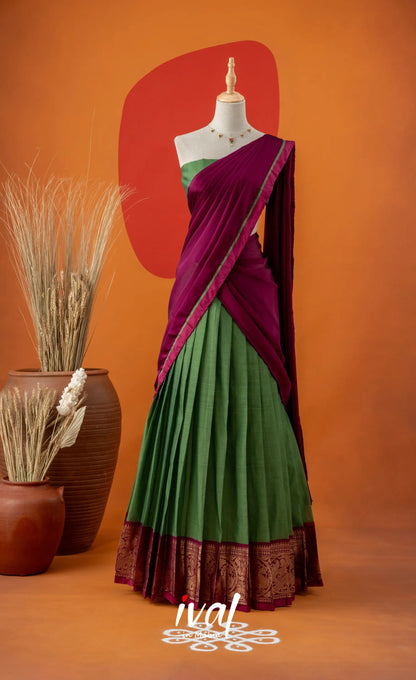 Green with Magenta Pink Semi-Stitched Cotton Halfsaree Half Sarees