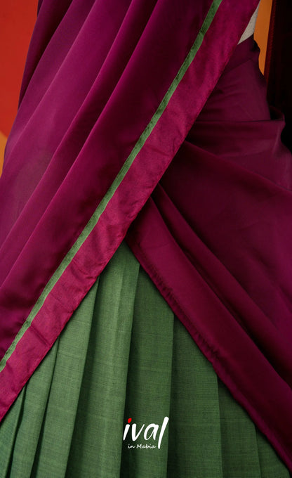 Green with Magenta Pink Semi-Stitched Cotton Halfsaree Half Sarees
