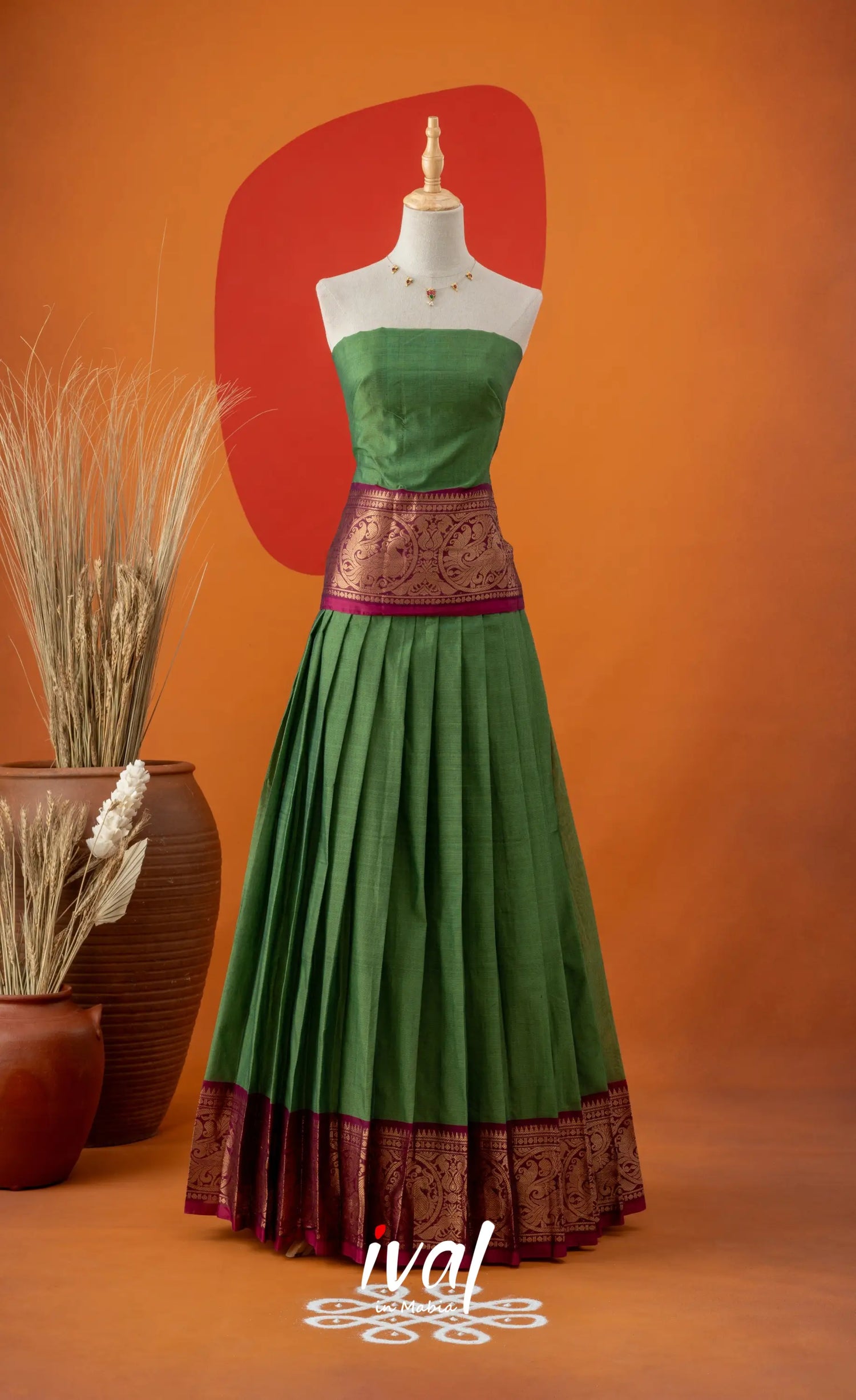 Green with Magenta Pink Semi-Stitched Cotton Halfsaree Half Sarees
