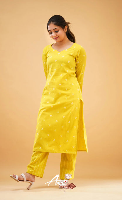 Greenish Yellow Handloom Cotton Co-Ord Set