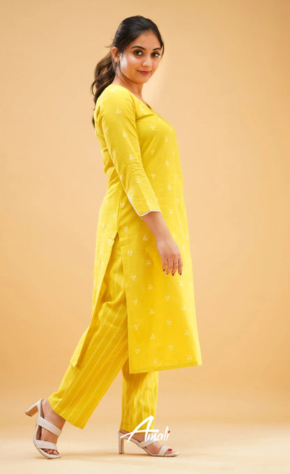 Greenish Yellow Handloom Cotton Co-Ord Set