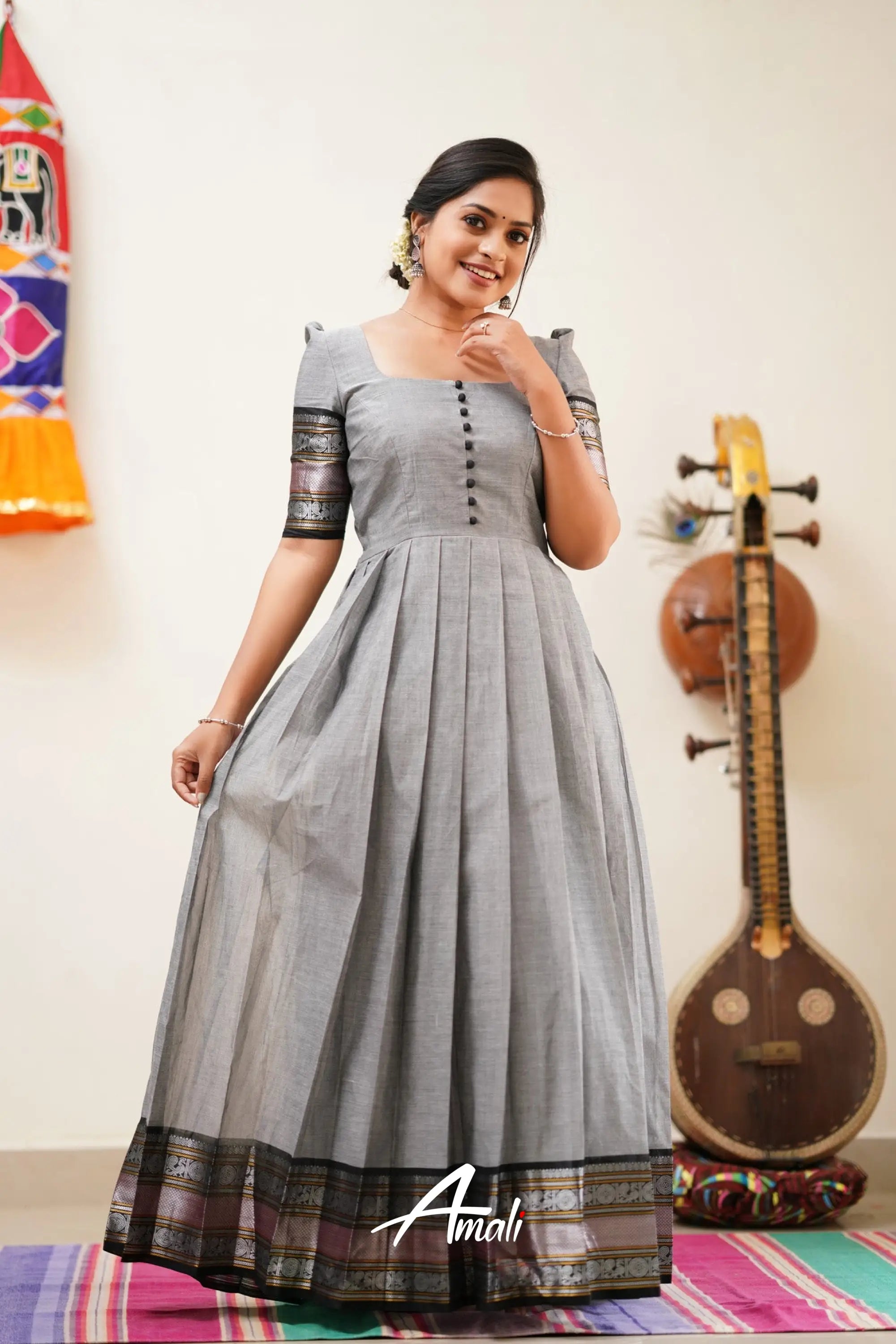 Grey And Black Cotton Long Gown Gown