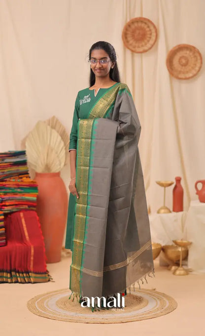 Grey With Deep Green Chettinad Cotton Dupatta salwar