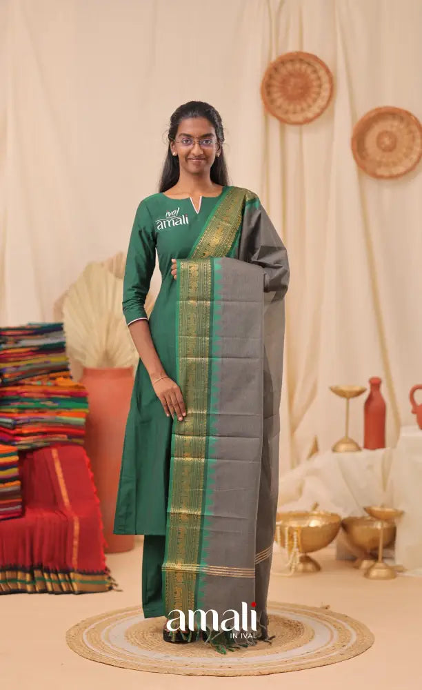 Grey With Deep Green Chettinad Cotton Dupatta salwar