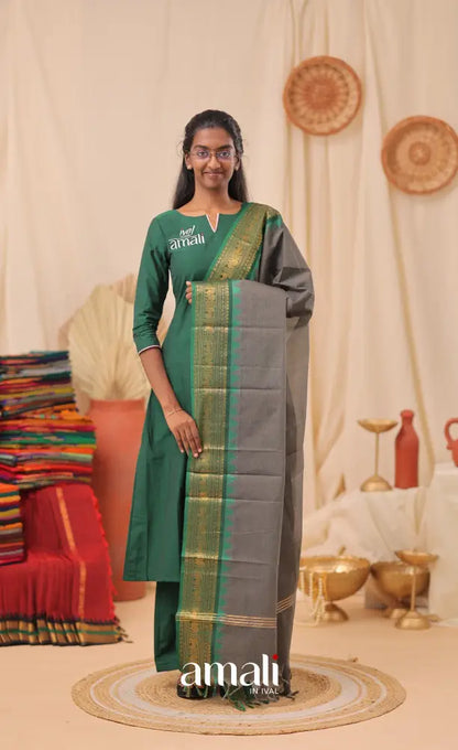 Grey With Deep Green Chettinad Cotton Dupatta salwar