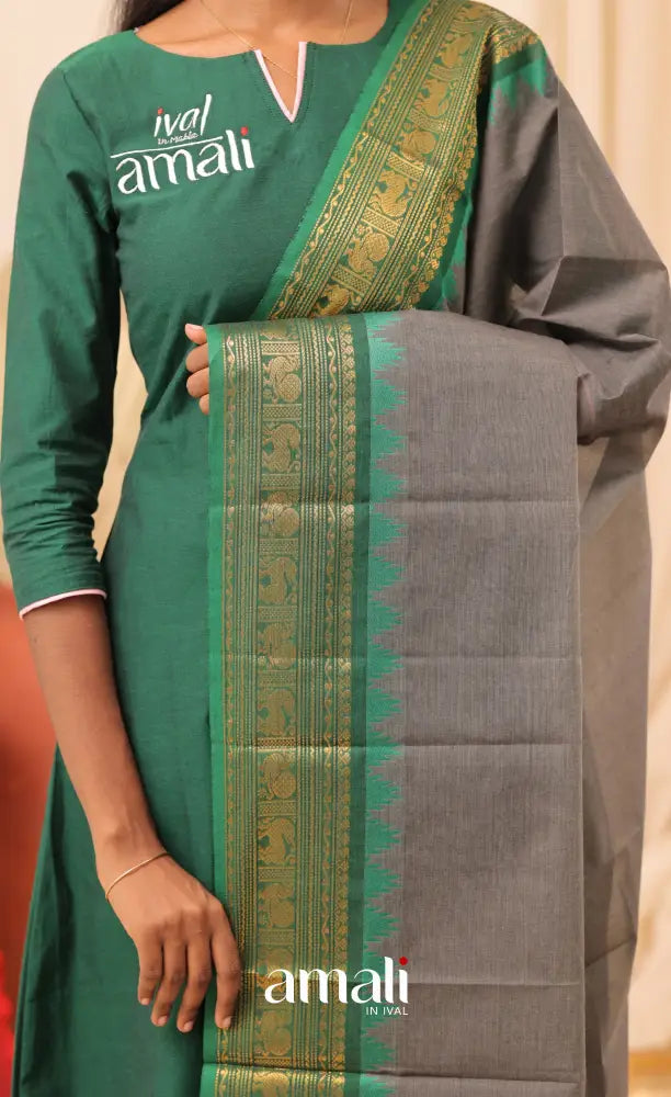 Grey With Deep Green Chettinad Cotton Dupatta salwar