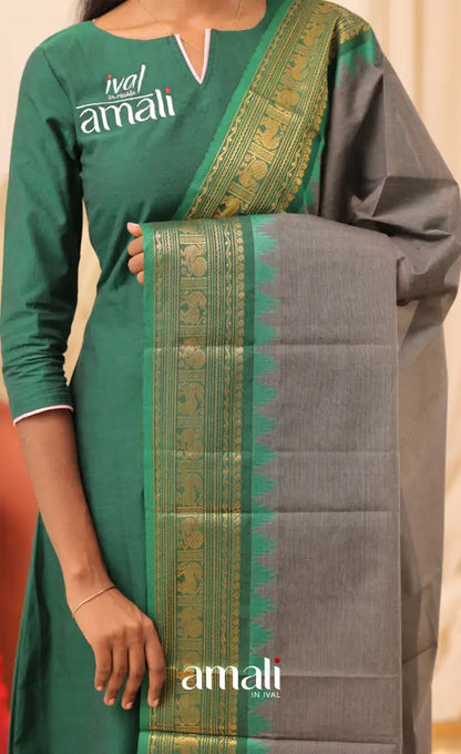Grey With Deep Green Chettinad Cotton Dupatta salwar