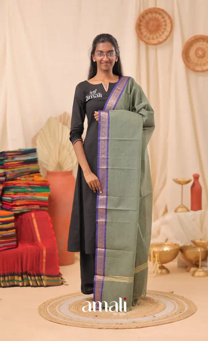 Greyish Green With Deep Blue Chettinad Cotton Dupatta salwar