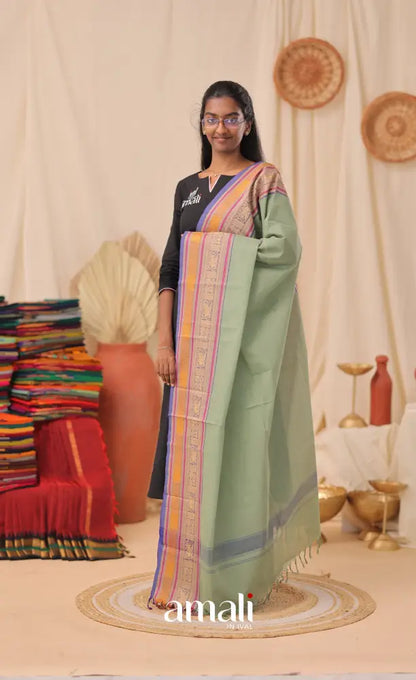 Greyish Sea-Green With Multicolours Chettinad Cotton Dupatta salwar