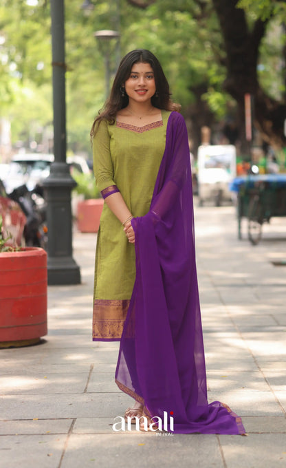 Henna Green and Purple Chettinad Cotton Salwar Set - salwar