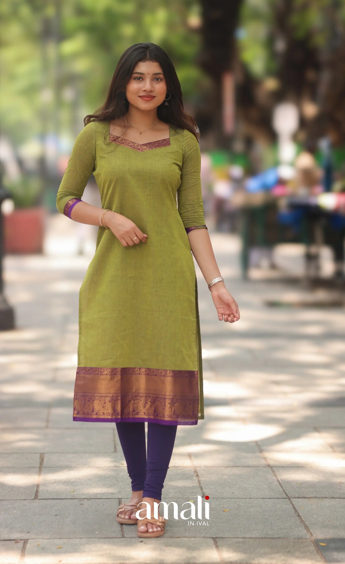 Henna Green and Purple Chettinad Cotton Salwar Set - salwar