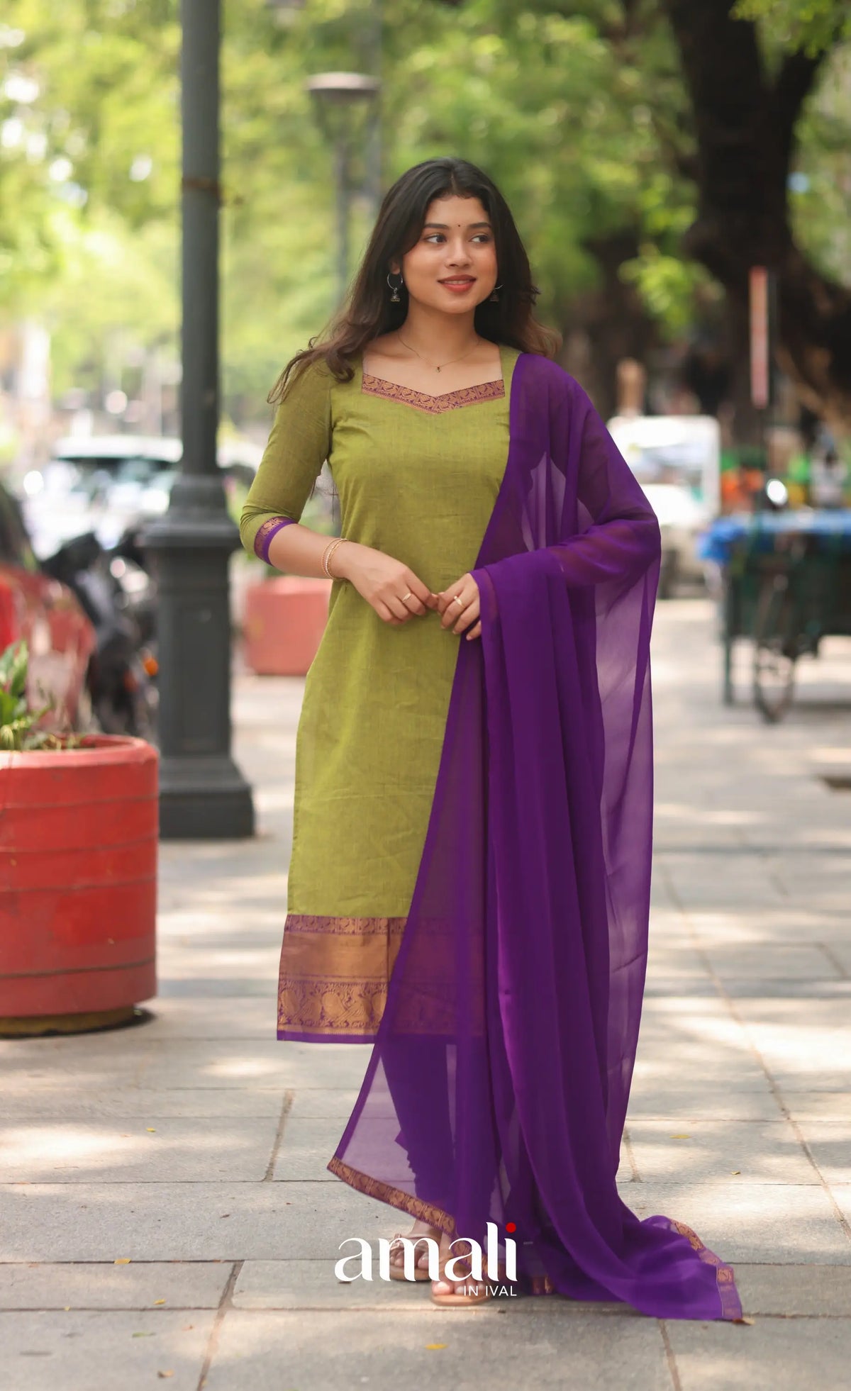 Henna Green and Purple Chettinad Cotton Salwar Set - salwar