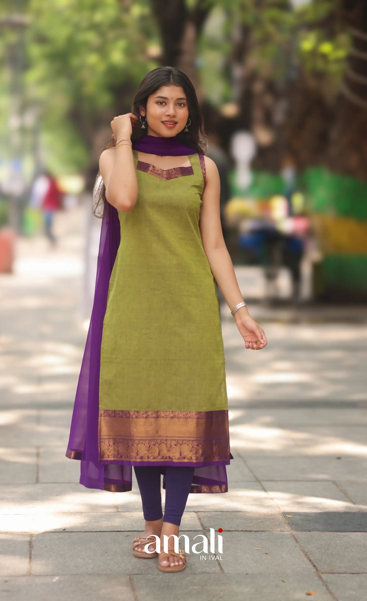 Henna Green and Purple Sleeveless Chettinad Cotton Salwar Set - salwar