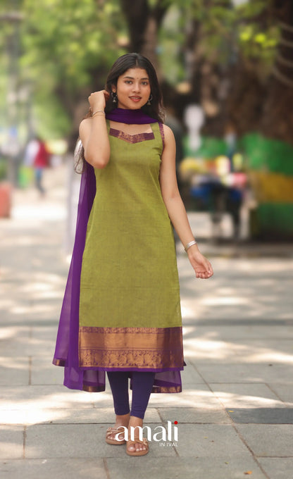Henna Green and Purple Sleeveless Chettinad Cotton Salwar Set - salwar