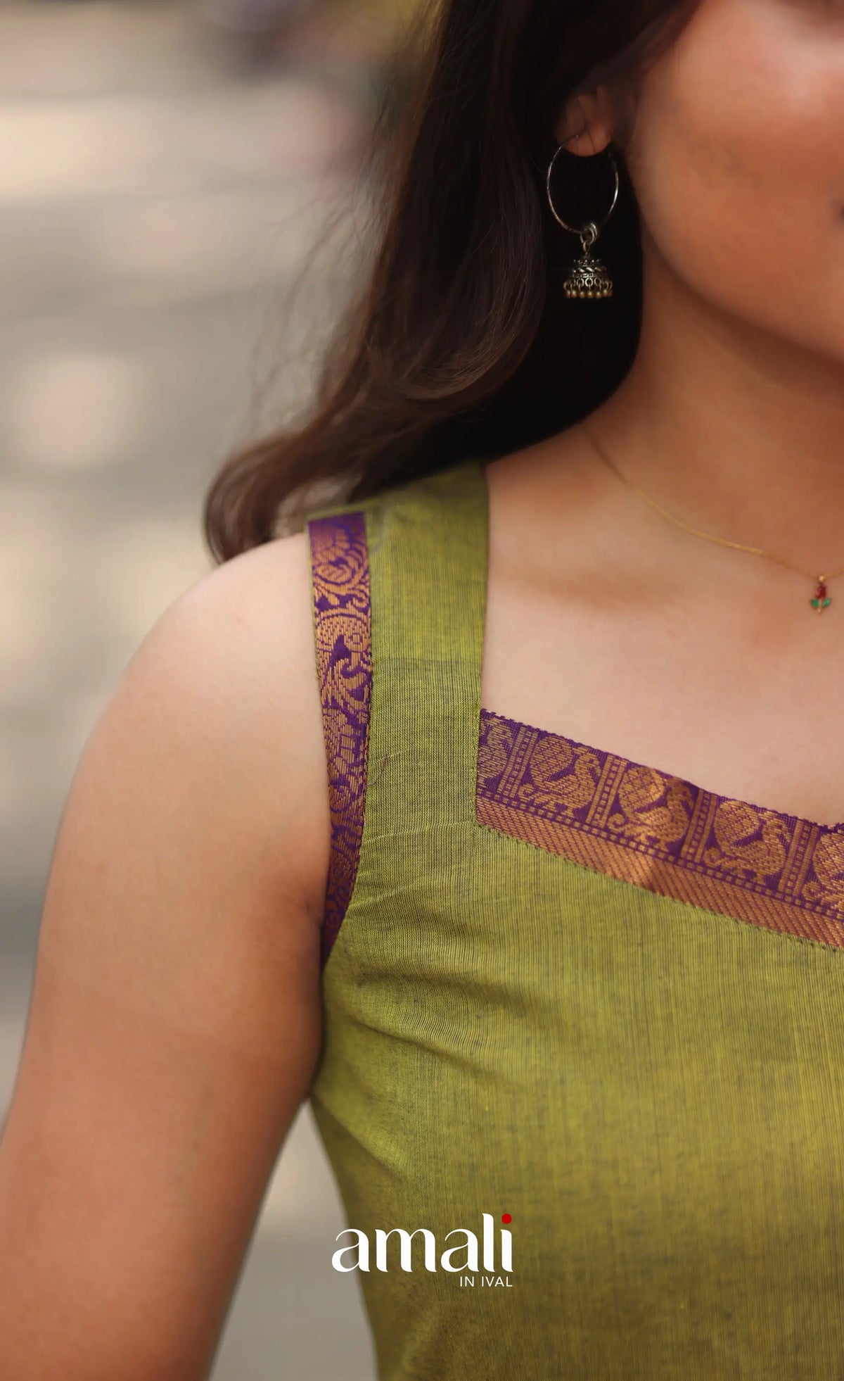 Henna Green and Purple Sleeveless Chettinad Cotton Salwar Set - salwar