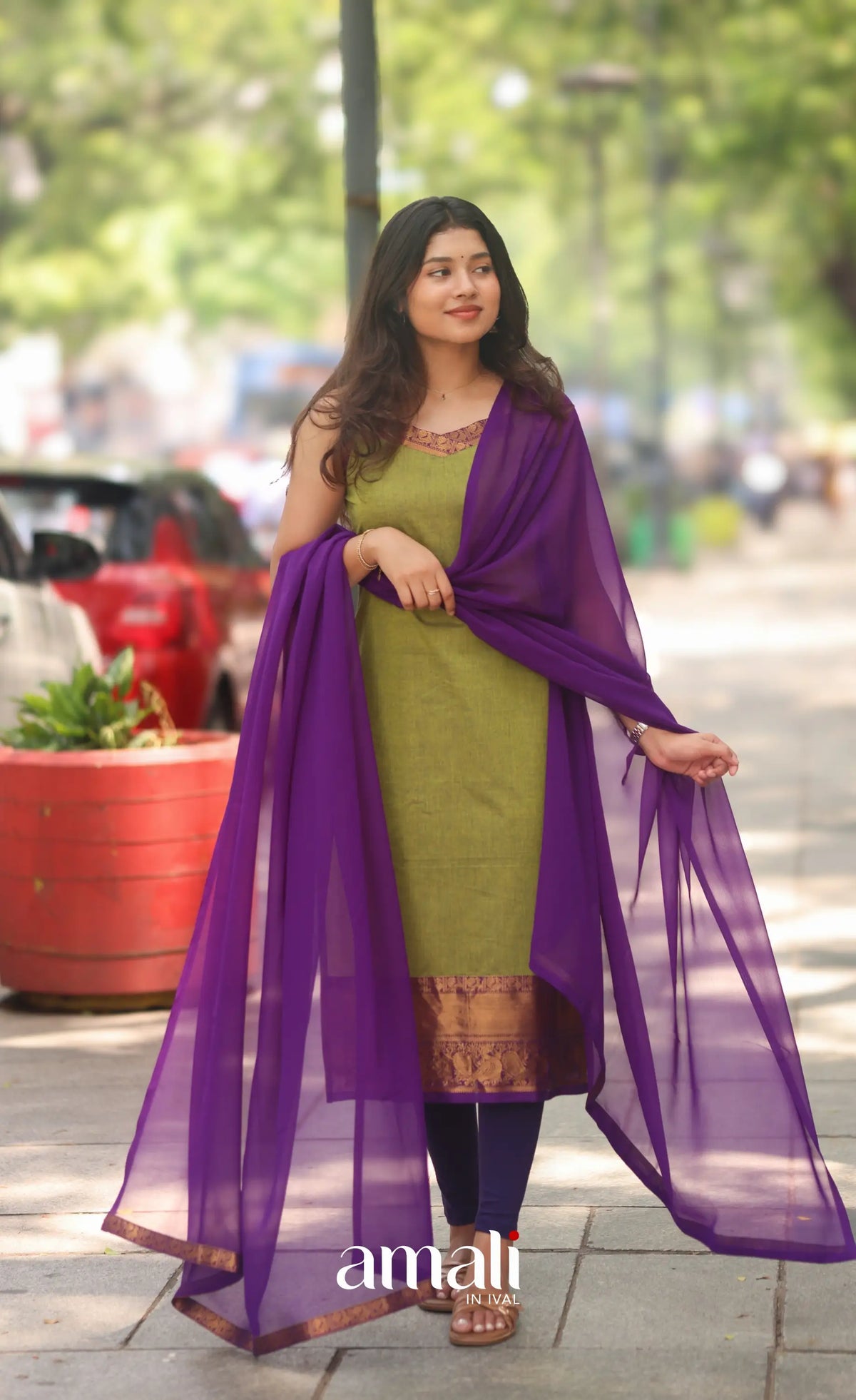 Henna Green and Purple Sleeveless Chettinad Cotton Salwar Set - salwar