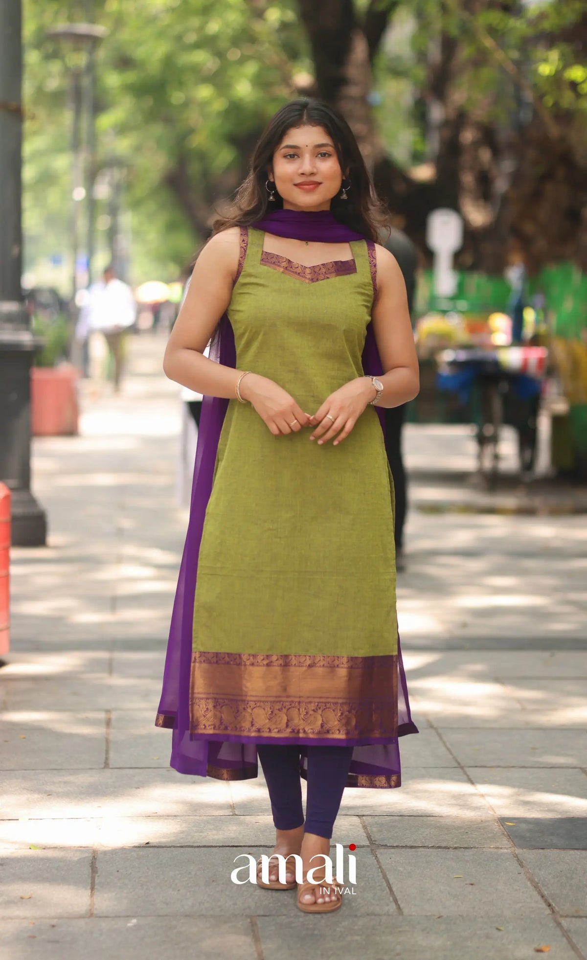 Henna Green and Purple Sleeveless Chettinad Cotton Salwar Set - salwar
