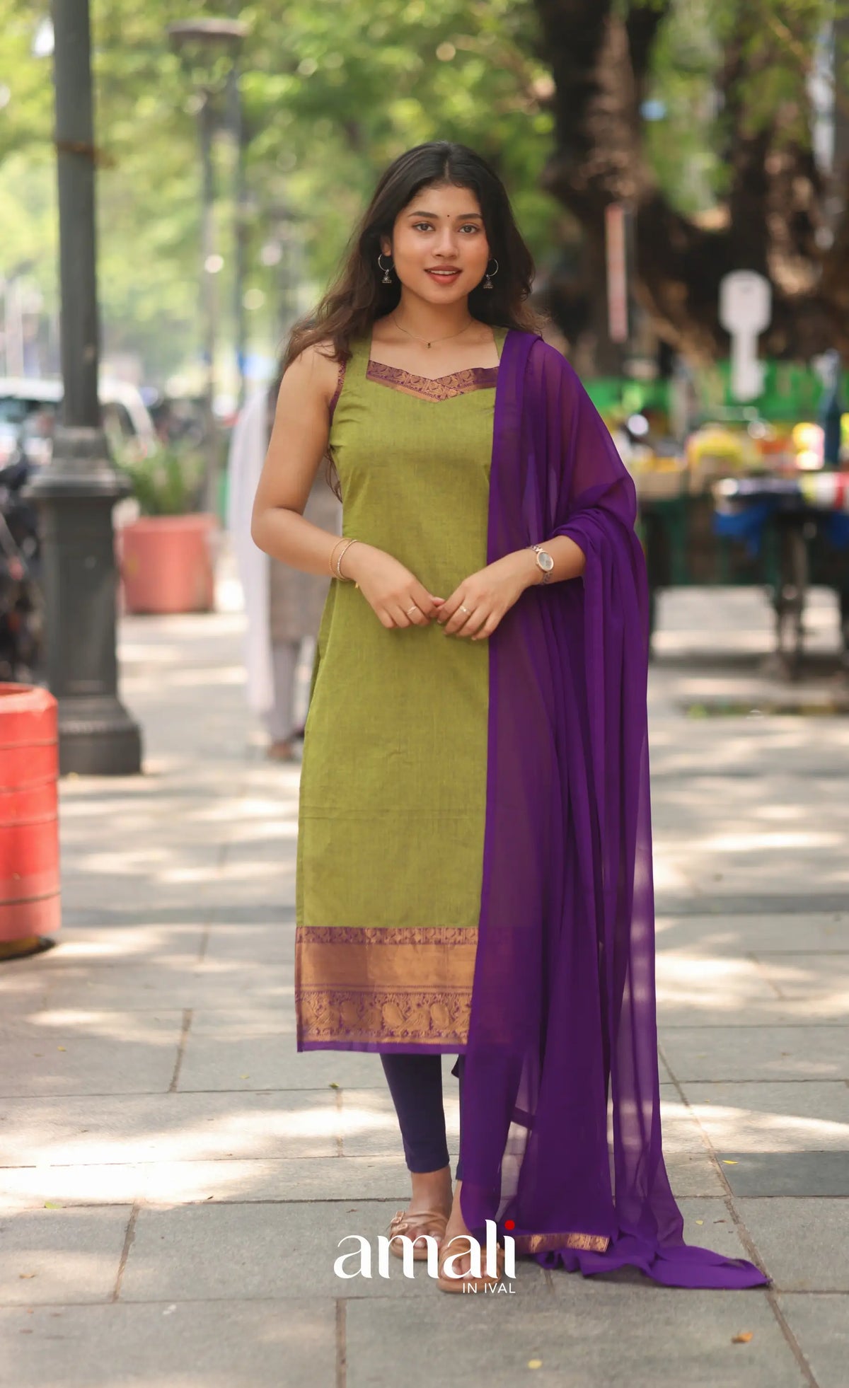 Henna Green and Purple Sleeveless Chettinad Cotton Salwar Set - salwar