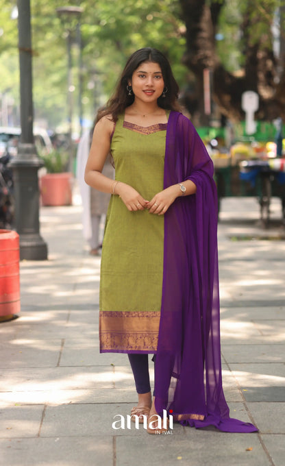 Henna Green and Purple Sleeveless Chettinad Cotton Salwar Set - salwar