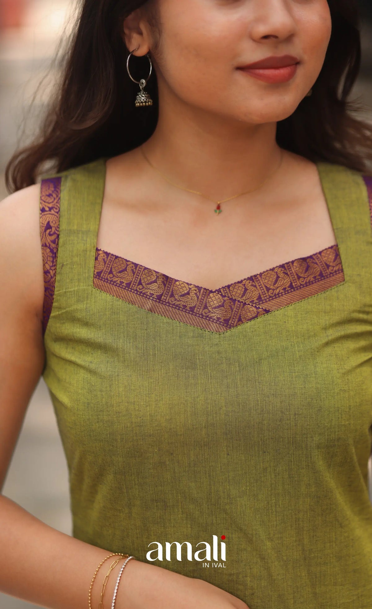 Henna Green and Purple Sleeveless Chettinad Cotton Salwar Set - salwar
