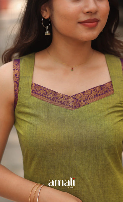Henna Green and Purple Sleeveless Chettinad Cotton Salwar Set - salwar