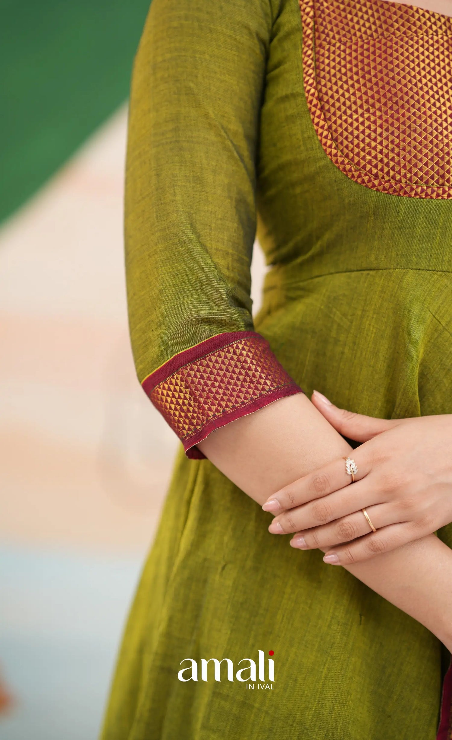 Henna green and Reddish maroon Narayanpet Cotton Anarkali - Anarkalis