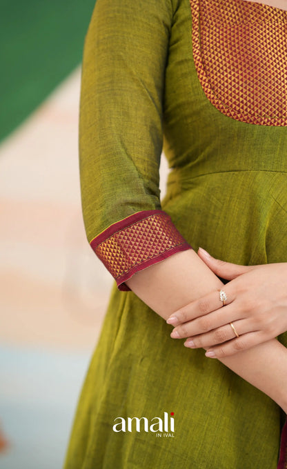 Henna green and Reddish maroon Narayanpet Cotton Anarkali - Anarkalis