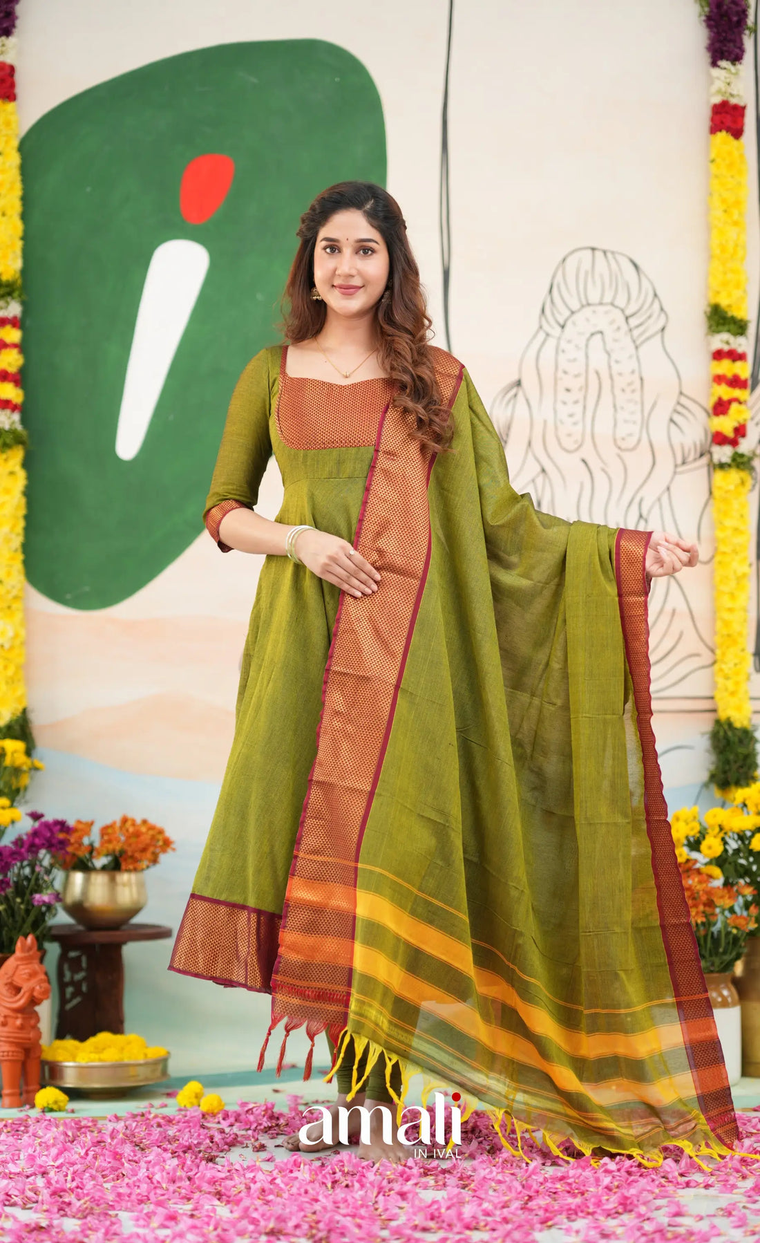 Henna green and Reddish maroon Narayanpet Cotton Anarkali - Anarkalis