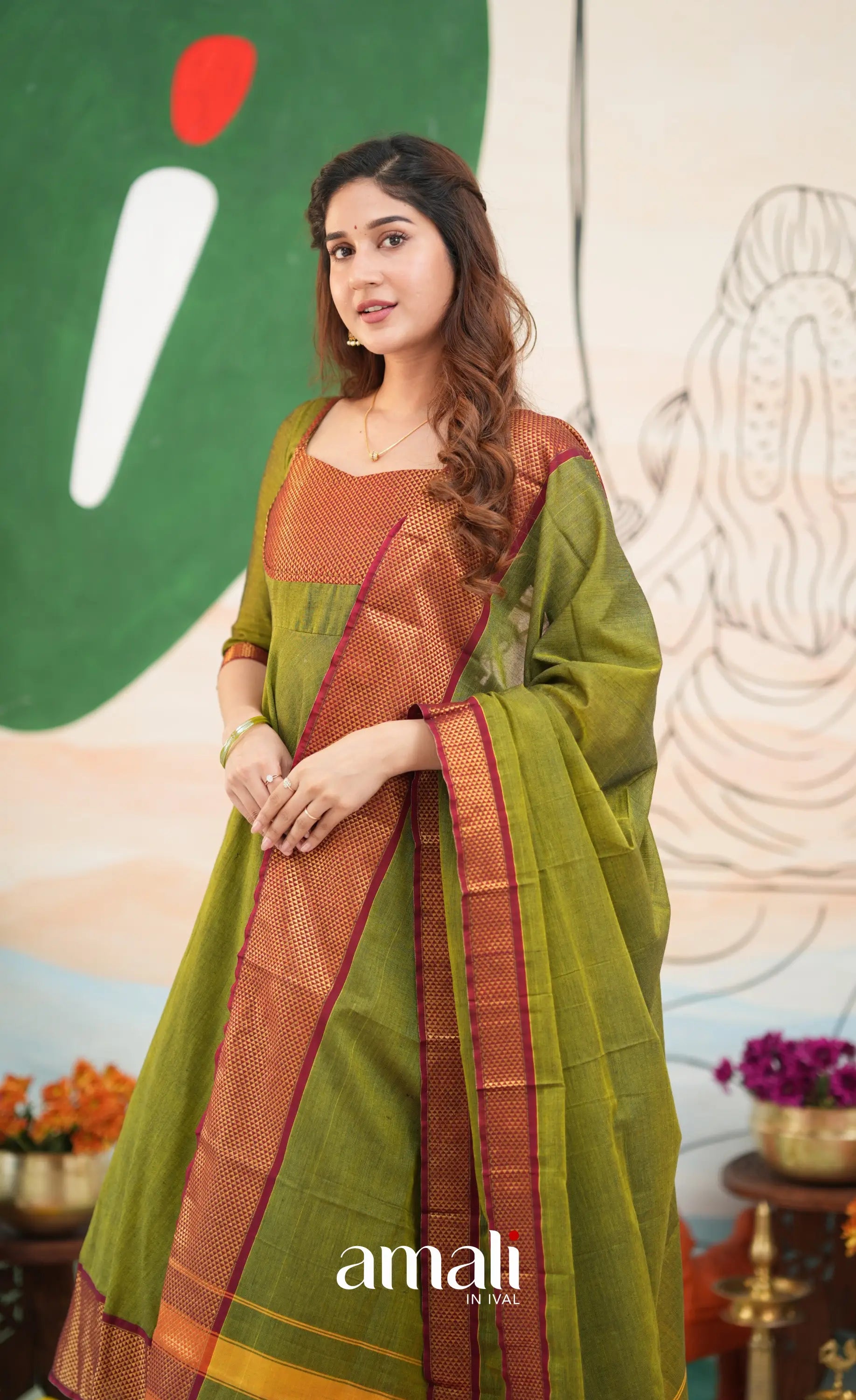 Henna green and Reddish maroon Narayanpet Cotton Anarkali - Anarkalis