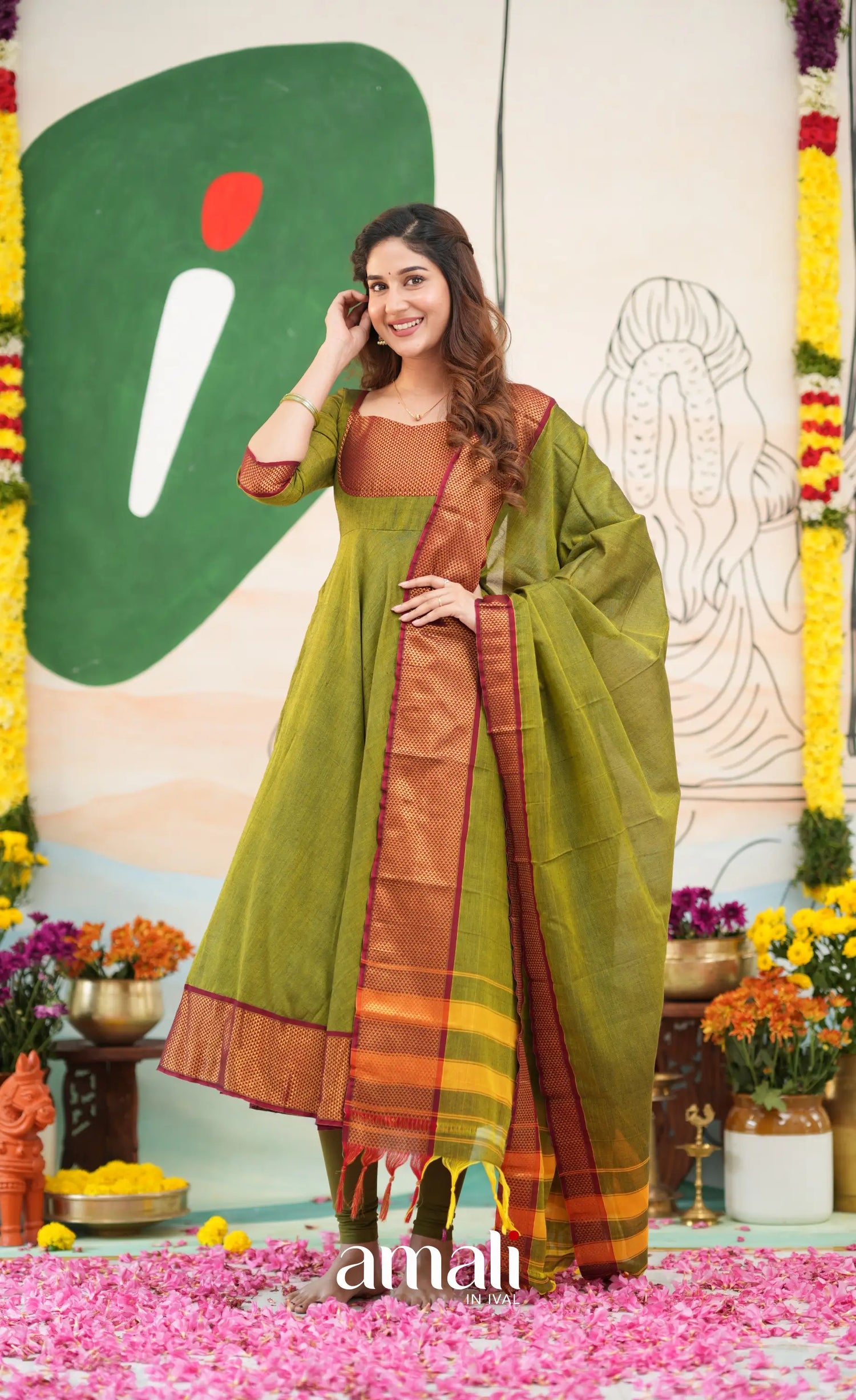 Henna green and Reddish maroon Narayanpet Cotton Anarkali - Anarkalis