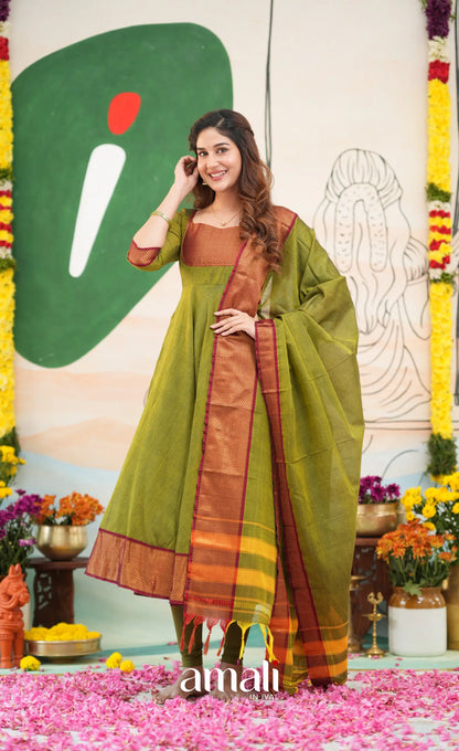 Henna green and Reddish maroon Narayanpet Cotton Anarkali - Anarkalis