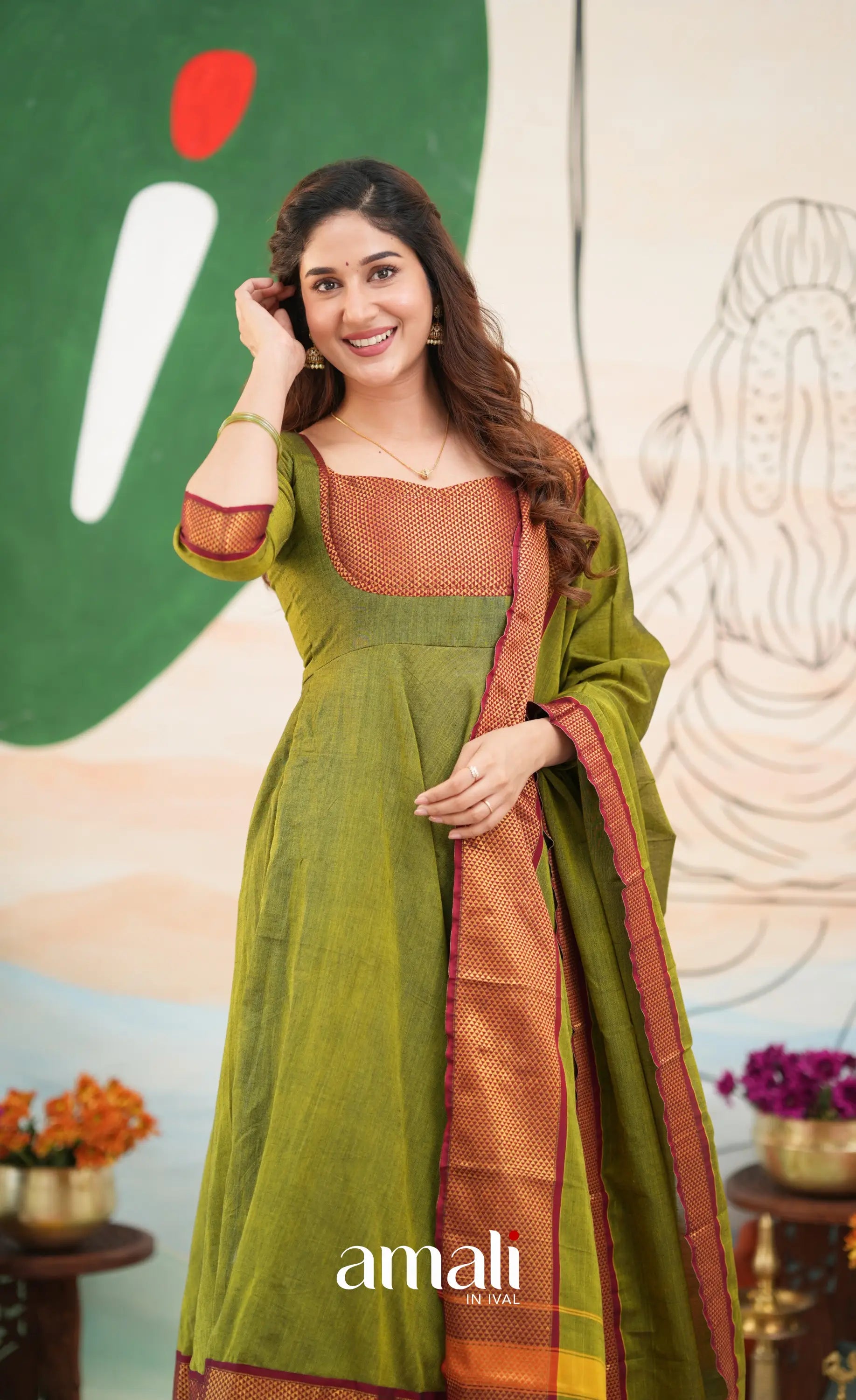 Henna green and Reddish maroon Narayanpet Cotton Anarkali - Anarkalis
