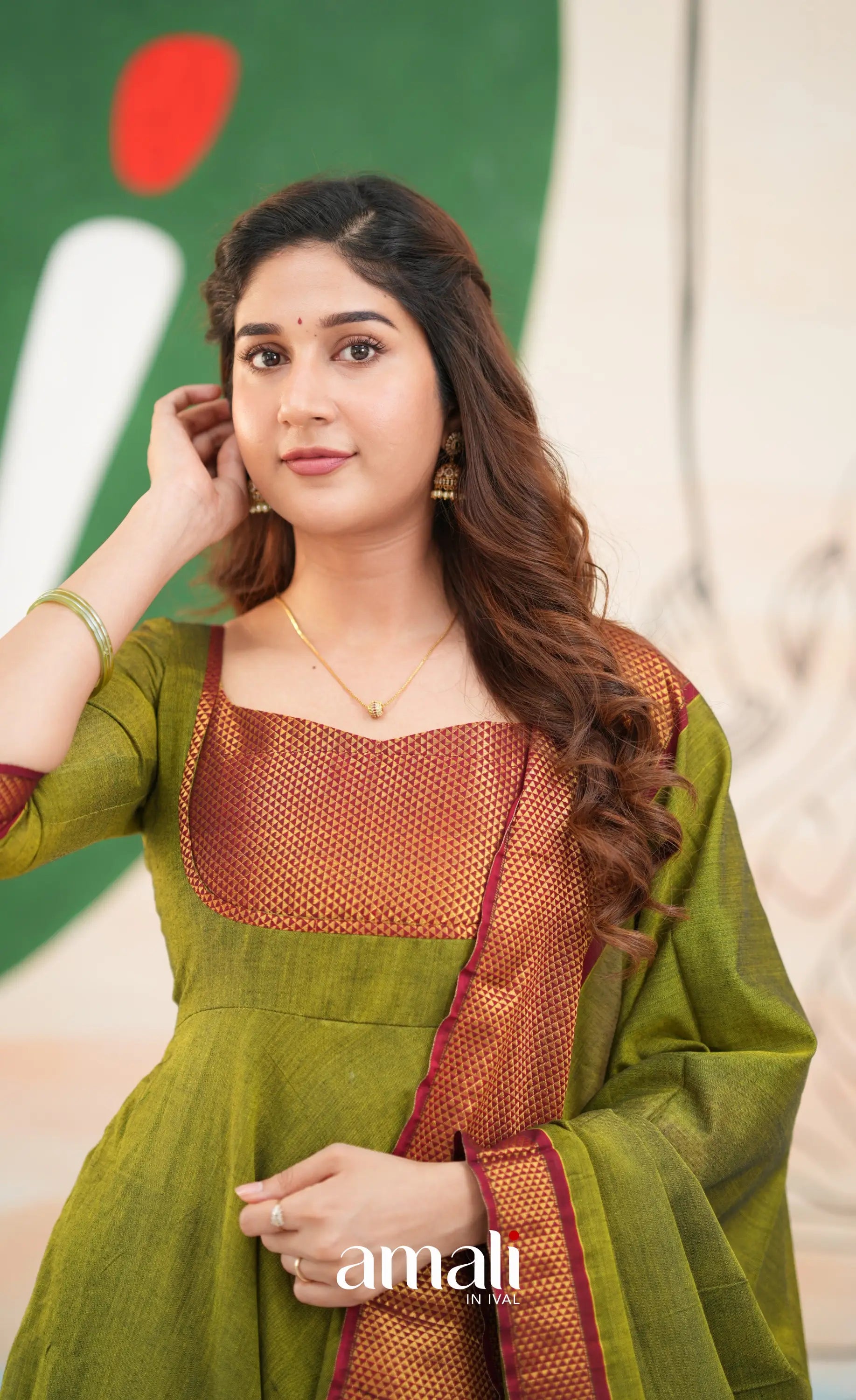 Henna green and Reddish maroon Narayanpet Cotton Anarkali - Anarkalis