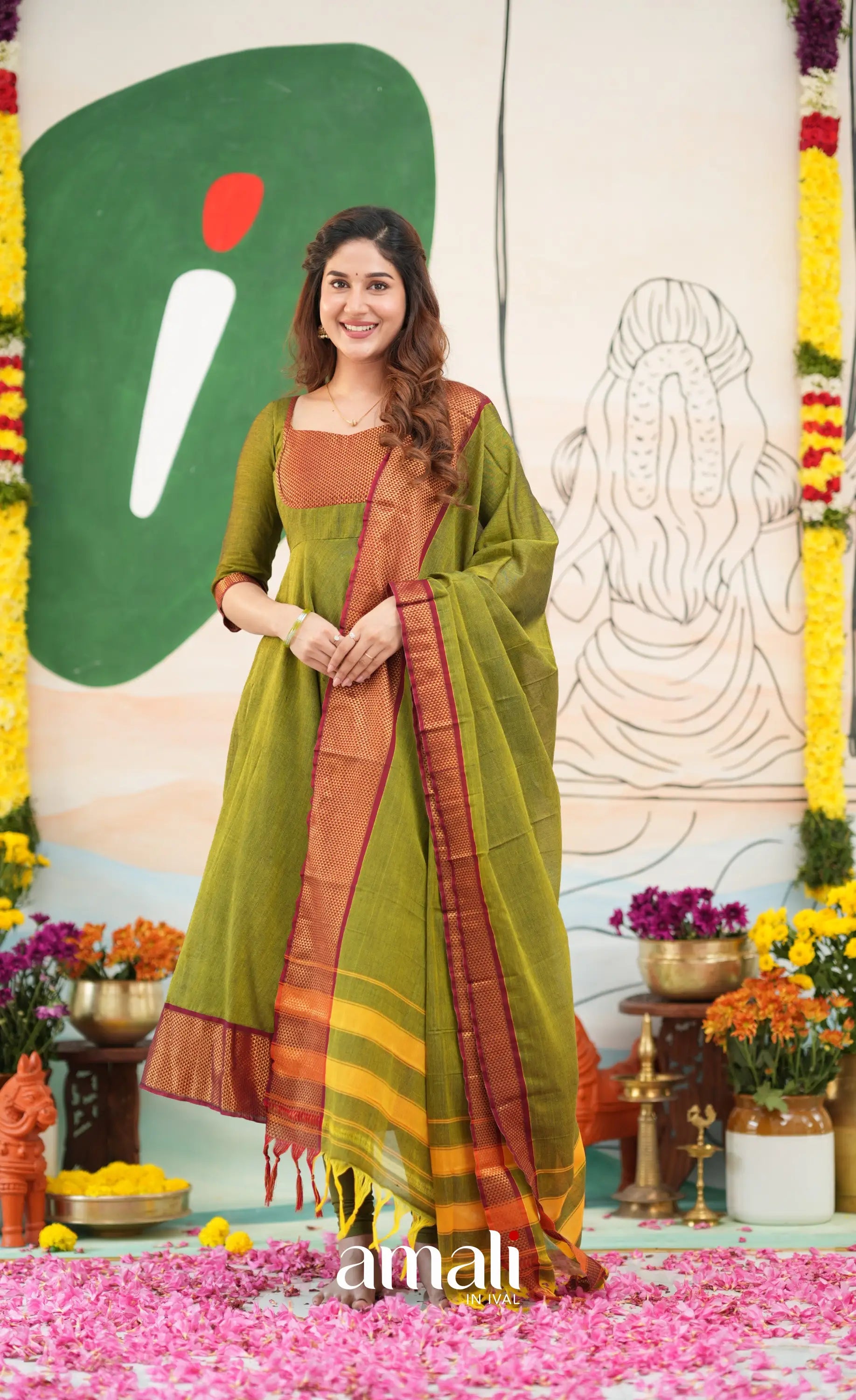 Henna green and Reddish maroon Narayanpet Cotton Anarkali - Anarkalis