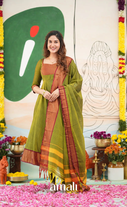 Henna green and Reddish maroon Narayanpet Cotton Anarkali - Anarkalis