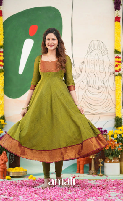Henna green and Reddish maroon Narayanpet Cotton Anarkali - Anarkalis