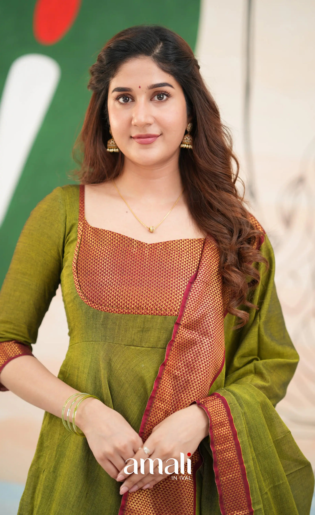 Henna green and Reddish maroon Narayanpet Cotton Anarkali - Anarkalis