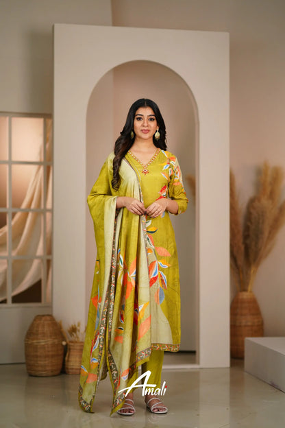 Henna Green Rayon Crepe Salwar Anarkalis