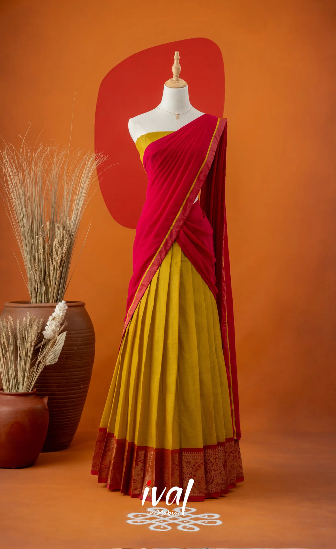 Henna Yellow with Bright Pink Semi-Stitched Cotton Halfsaree Half Sarees