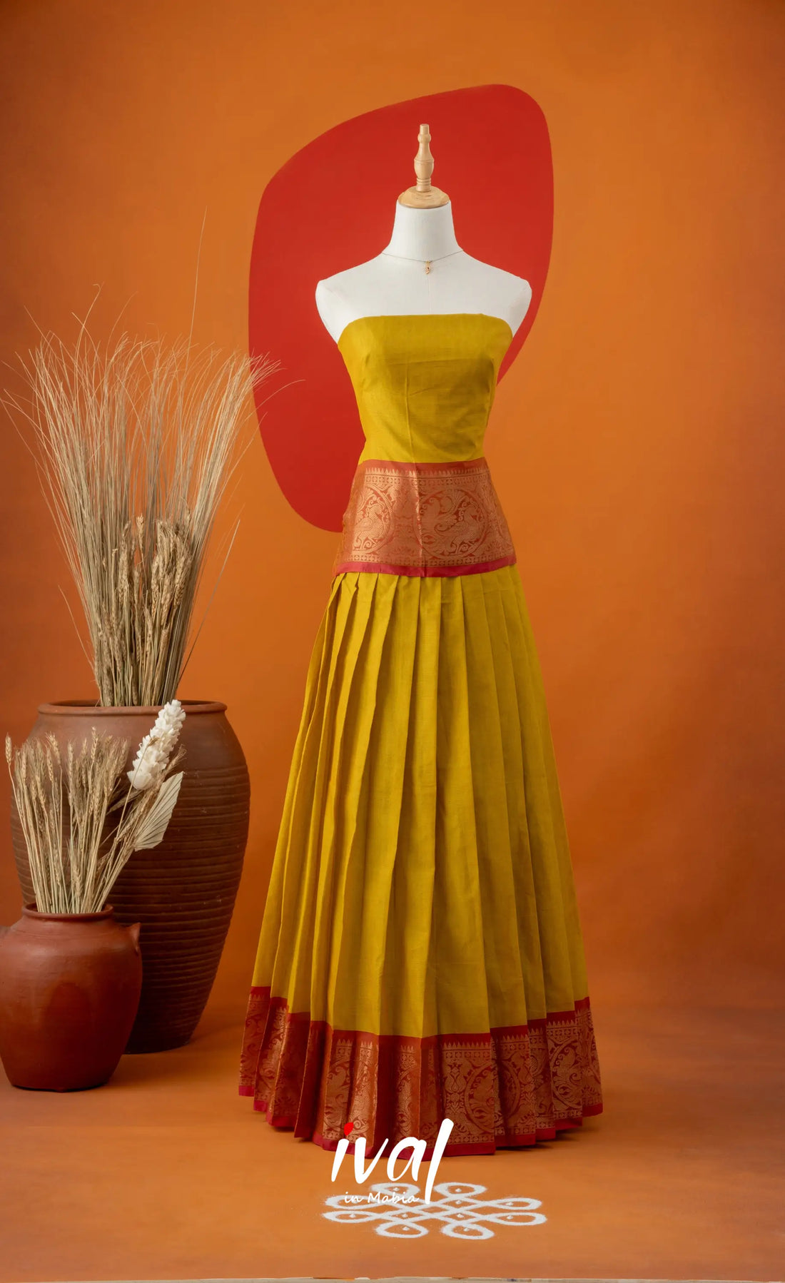 Henna Yellow with Bright Pink Semi-Stitched Cotton Halfsaree Half Sarees