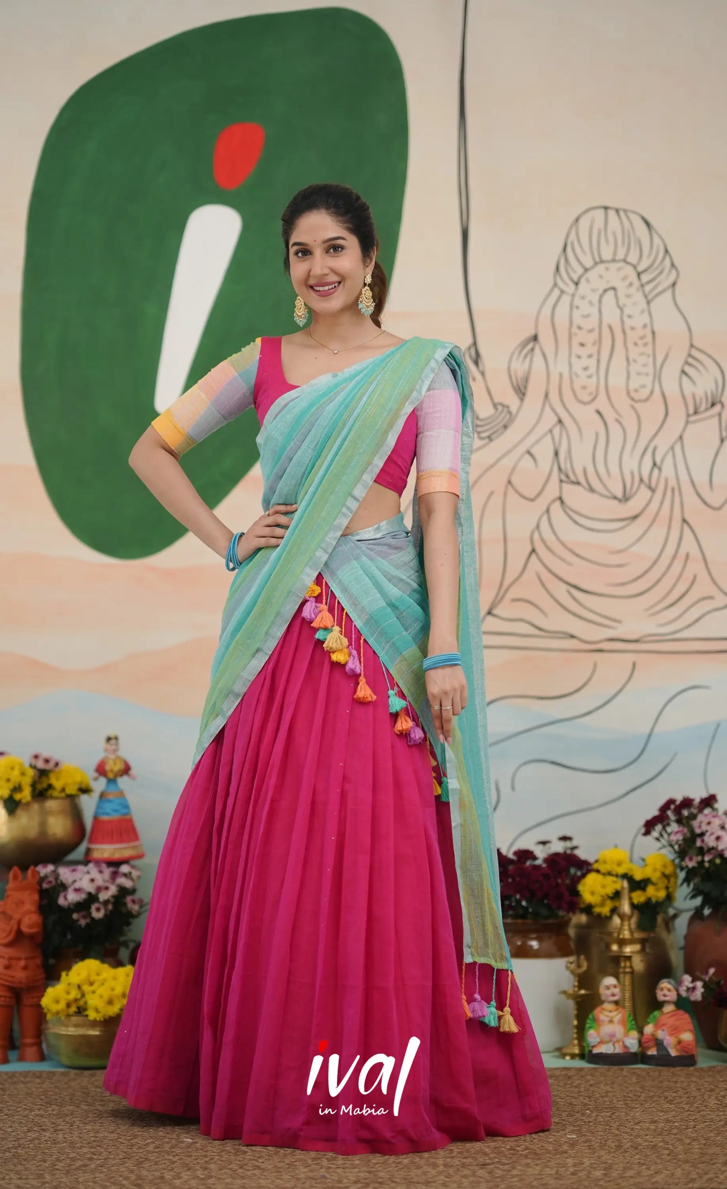 Hot pink with Pastel blue cotton Halfsaree Half Sarees