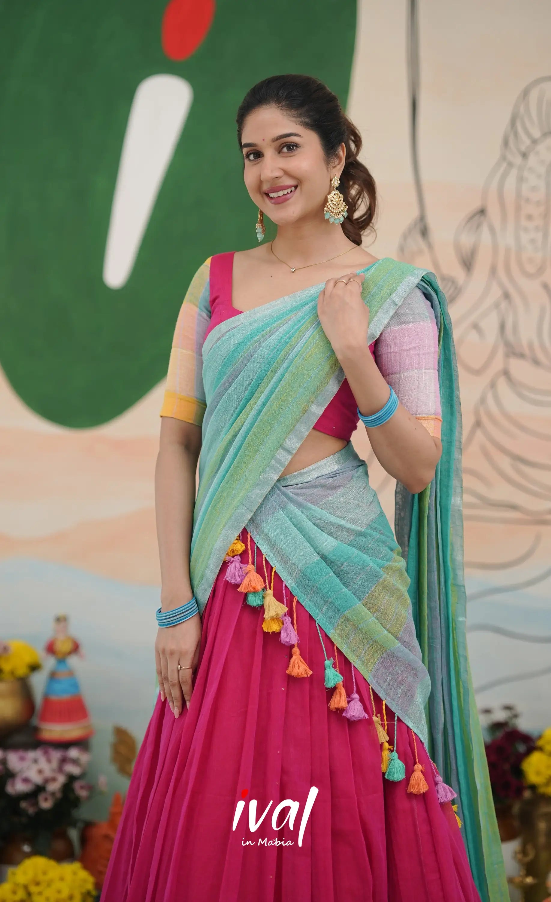 Hot pink with Pastel blue cotton Halfsaree Half Sarees