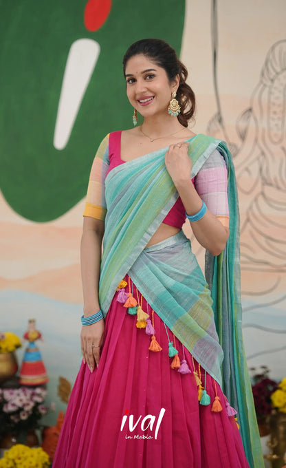 Hot pink with Pastel blue cotton Halfsaree Half Sarees