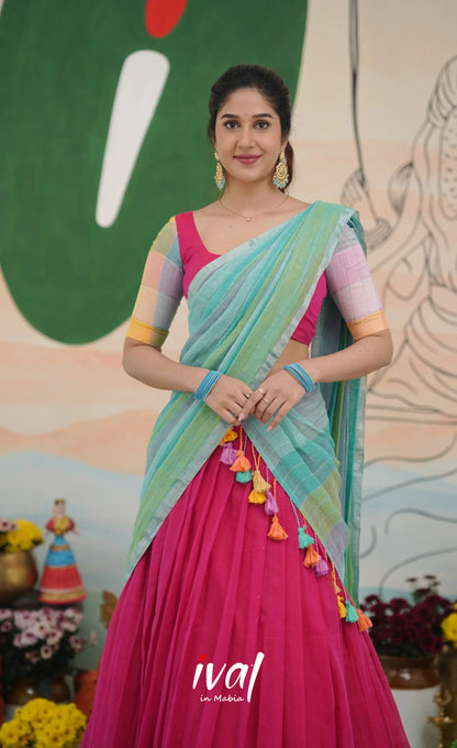 Hot pink with Pastel blue cotton Halfsaree Half Sarees